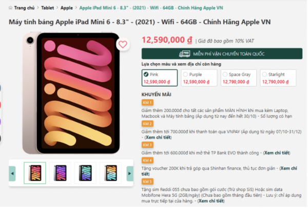 Giá iPad Mini 6 giữa tháng 11/2022: 
