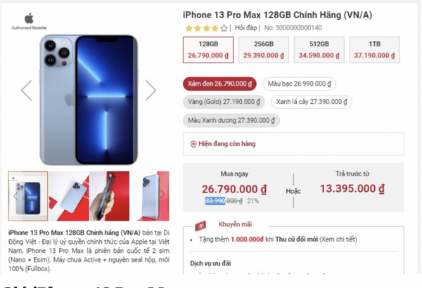 Giá iPhone 13 Pro Max rớt mạnh cuối tháng 11: 