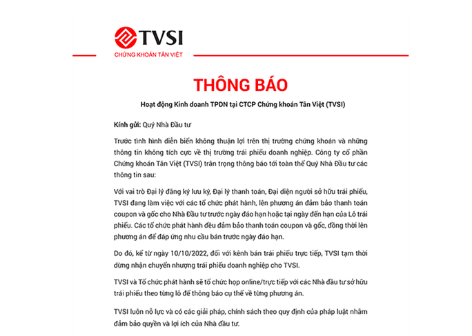 Chứng khoán Tân Việt (TVSI) tạm dừng nhận chuyển nhượng trái phiếu doanh nghiệp từ 10/10