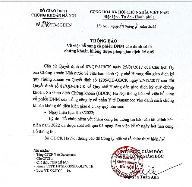 Thông báo của Sở GDCK Hà Nội đưa cổ phiếu DNM của Danameco vào danh sách chứng khoán không được giao dịch ký quỹ