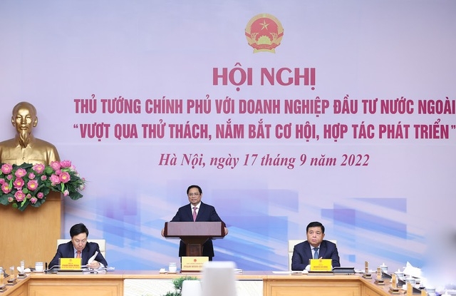 Thủ tướng Phạm Minh Chính phát biểu tại Hội nghị Thủ tướng Chính phủ với doanh nghiệp đầu tư nước ngoài. (Ảnh: VGP)