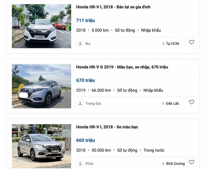 Honda HR-V cũ đang được chào bán với mức giá mềm trên oto.com