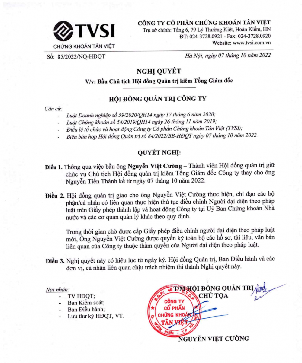 Nghị quyết bổ nhiệm Tân Tông Giám đốc- Chủ tịch HĐQT Chứng khoán Tân Việt 