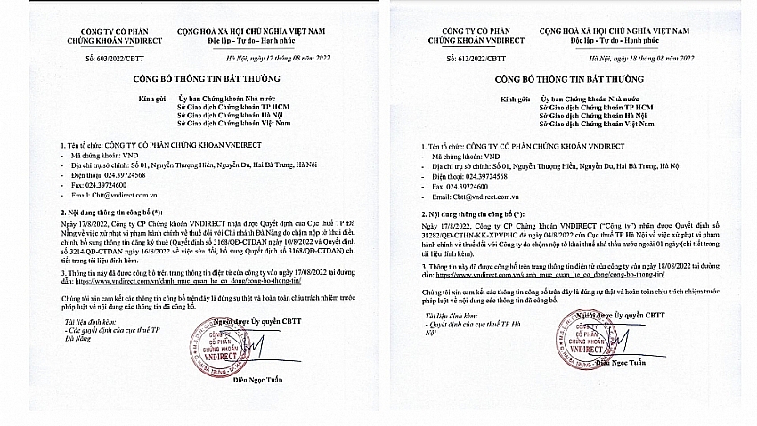 VNDirect công bố thông tin nhận quyết định xử phạt của Cục thuế Hà Nội và Cục thuế Đà Nẵng