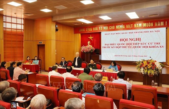 Tổng Bí thư Nguyễn Phú Trọng phát biểu tại buổi tiếp xúc cử tri. Ảnh: Trí Dũng/TTXVN