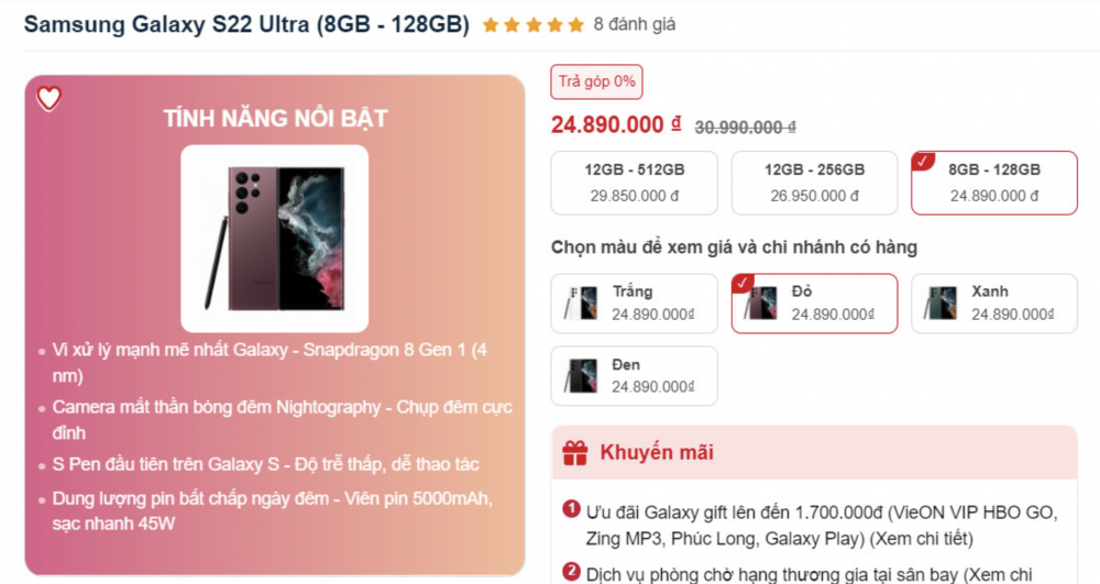Giá điện thoại Galaxy S22 Ultra giảm hơn 7 triệu, ‘đe nẹt’ cả iPhone 14 Plus